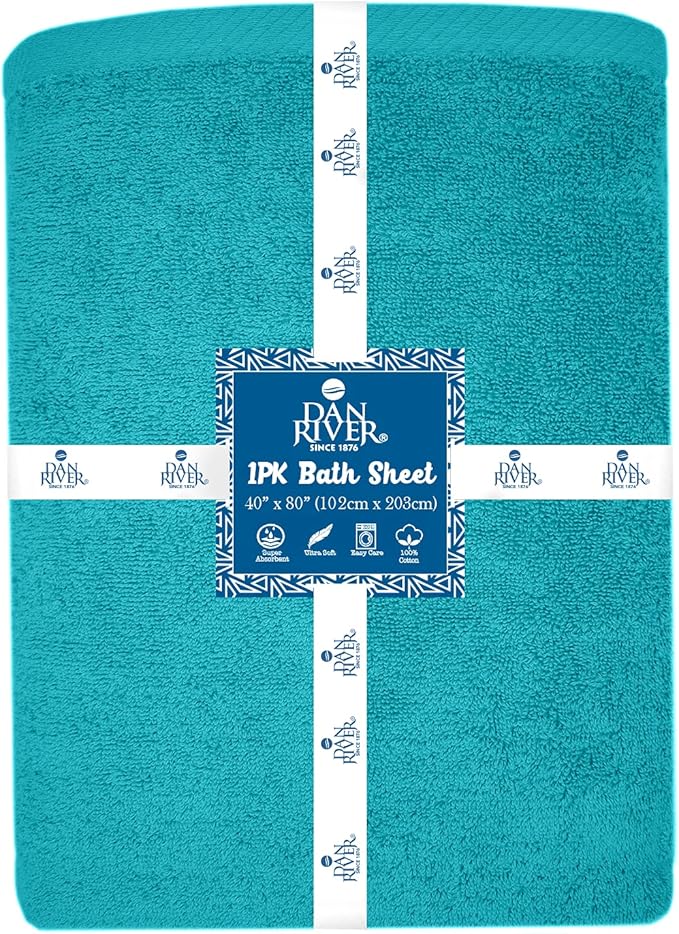 DAN RIVER Pack of 1 Bath Sheet 40x80 Inches, Jumbo Bath Sheets for Adults, Thick and Absorbent Large Towels - Aqua