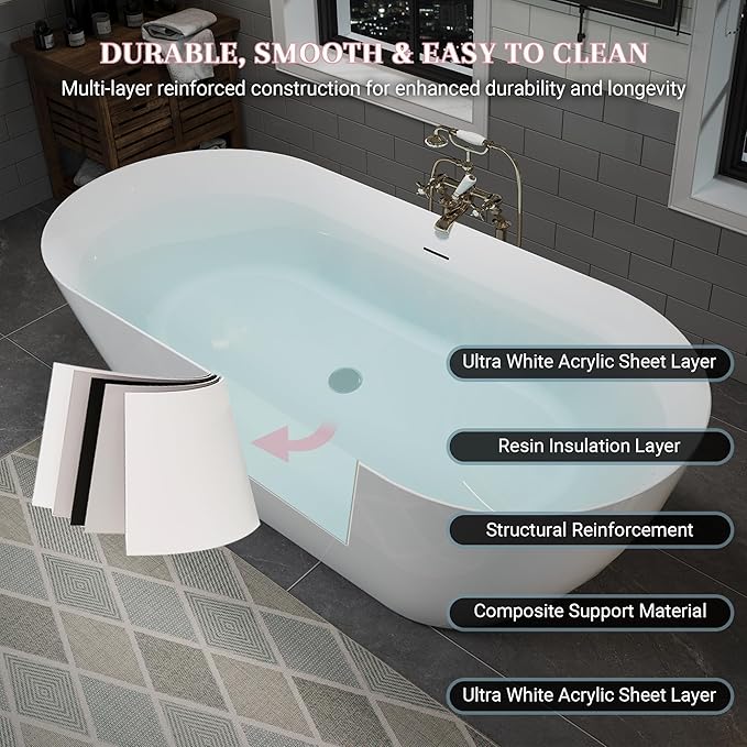 ABRUZZO 60" Acrylic Freestanding Bathtub - Oval Deep Soak Tub, Center Drain & Overflow, cUPC Certified Glossy White