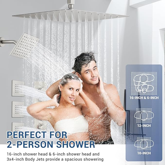 Thermostatic Dual Shower Heads System with 4-Inch Body Jets, Ceiling 16" Rainfall & Wall Mount 6" Shower Head, Luxury Brushed Nickel Shower Faucet Set with Handheld Sprayer for 2-Person/Tandem Shower