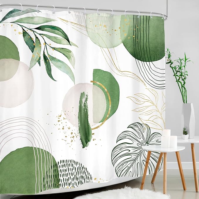 Green Boho Shower Curtain 72Wx72H Mid Century Modern Abstract Gold Olive Tropical Palm Leaves Plant Geometric Bathroom Decor Minimalist Bohemian Bath Curtain Fabric Polyester 12 Pack Hooks