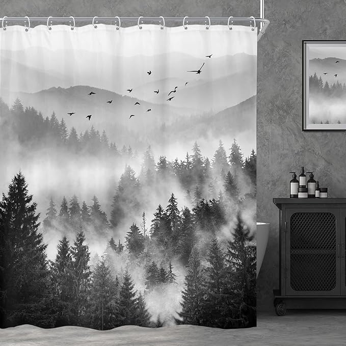 Riyidecor Black and White Shower Curtain 72Wx72H Inch Mountain Scenery Nature Pine Tree Cool for Mens Scene View Landscape Bathroom Decor Fabric Polyester Waterproof 12 Pack Hooks