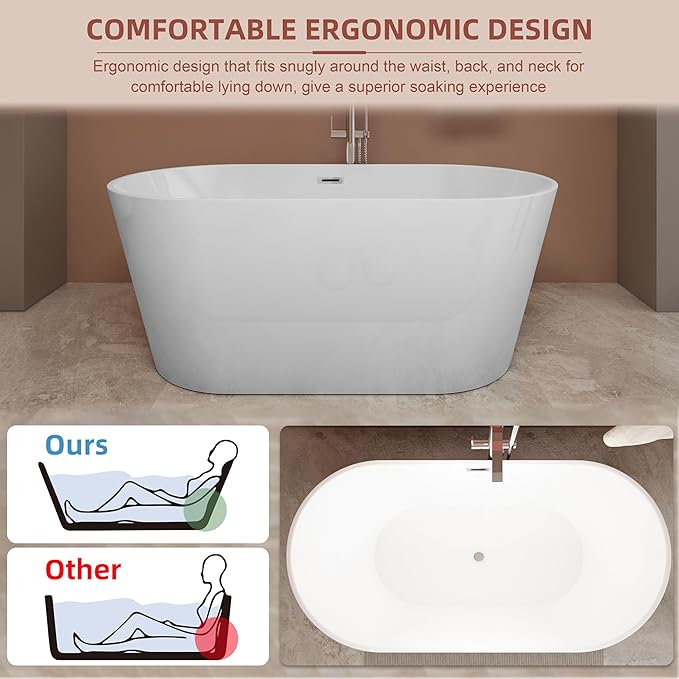 59 inch Freestanding Soaking Bathtub, Modern Stand Alone Free Standing Acrylic Tub with Center Drain & Overflow, Glossy White