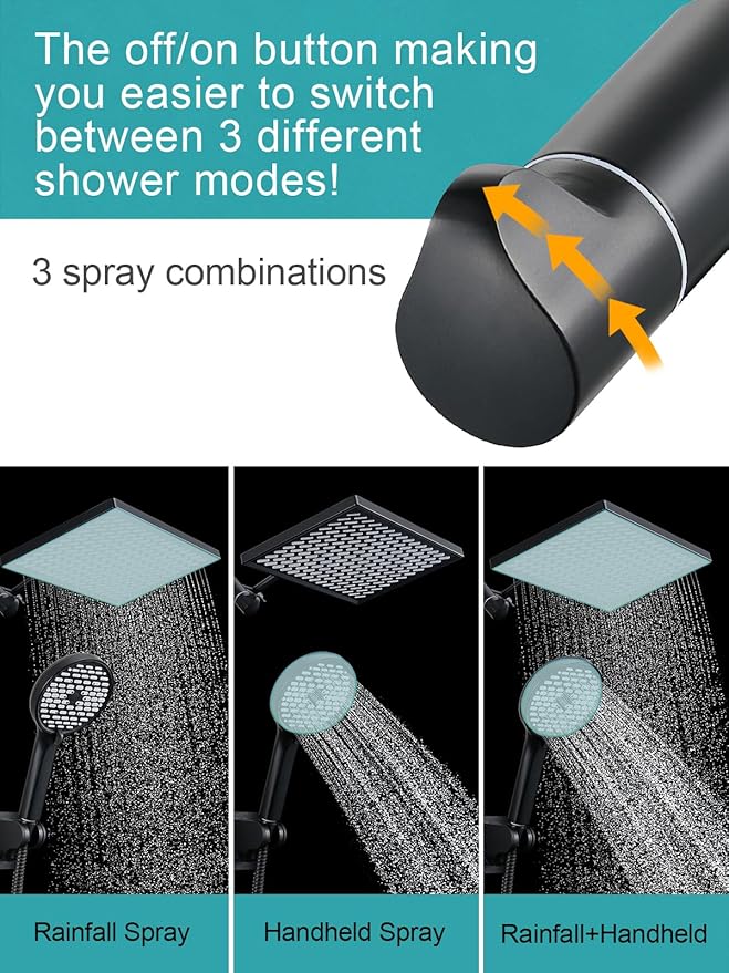 Cobbe 11.8 Inch Rain Shower Head with 6 Modes Handheld Water Spray，High Pressure Showerhead Combo with 11 Inch Adjustable Extension Arm, Black
