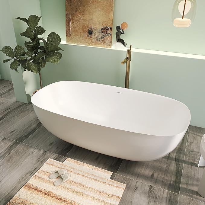 67" Upgraded Modern Solid Surface Free Standing Tub, Unique Matte White Stone Resin Soaker Tubs with Pop-up Drain