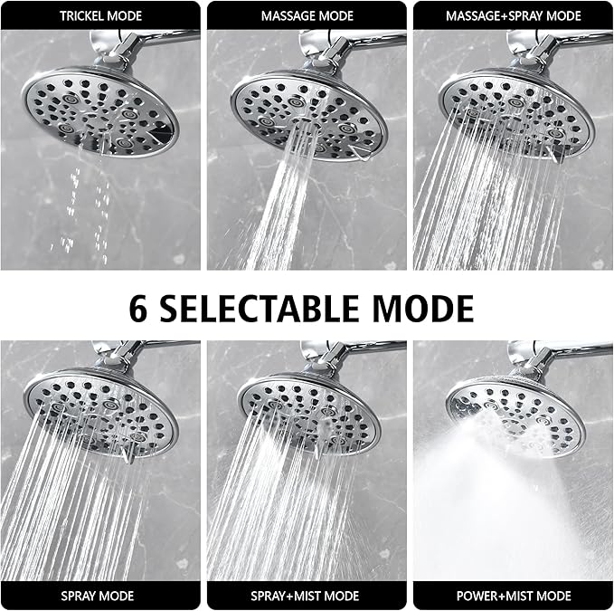 sumerain Luxurious 6" High Pressure Dual Shower Head Combo with 6 Settings and 20" Long Shower Arm for Couples, Chrome Finish