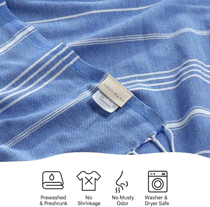 SOULMARK 100% Cotton Turkish Beach Towel with Bag - 38"x71" - 6 Pack - Made in Green & Oeko TEX Certified - Pre-Washed and Sand Free - Quick Dry and Lightweight for Travel - Made in Turkey - Sax Blue
