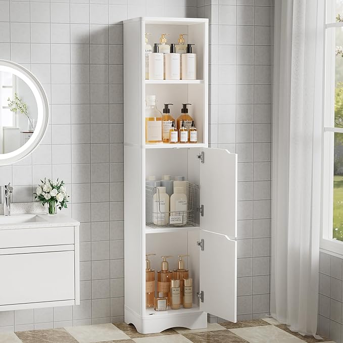 67" Tall Bathroom Organizer and Storage, Narrow Storage Cabinet with 2 Doors and 4 Shelves, Freestanding Floor Storage Unit,15.7" W x 11.8" D x 66.9" H, White