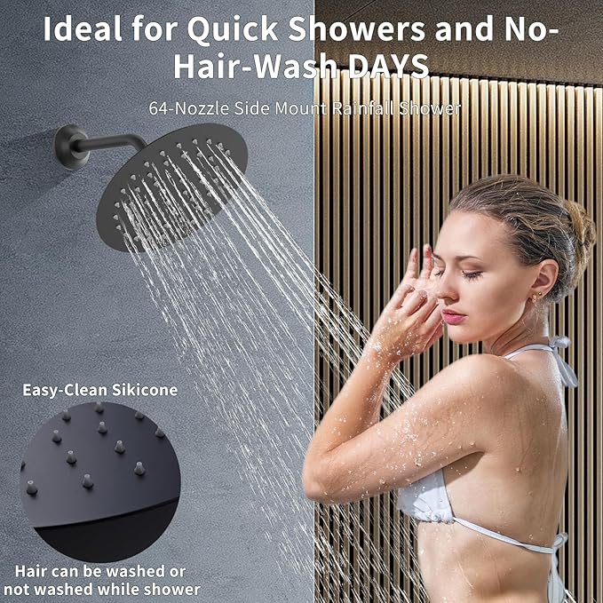 Shower Faucet Set Matte Black Shower System Temperature Display Diverter Shower Valve and 2 in 1 Handheld with Slide Bar, 12 Inch Ceiling Shower Head with 8 Inch Wall Mount Shower Head