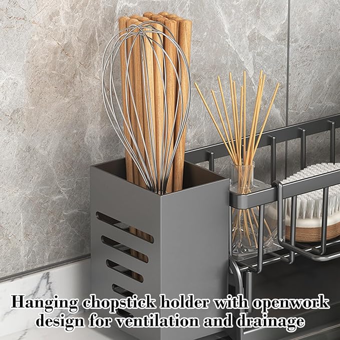 Kitchen Sink Caddy Organizer, Sponge Holder for Kitchen Sink with Drain Tray, 3 Compartments Utensil Drying Rack, Kitchen Utensils Holder with Towel Bar, Kitchen Countertop Organizers