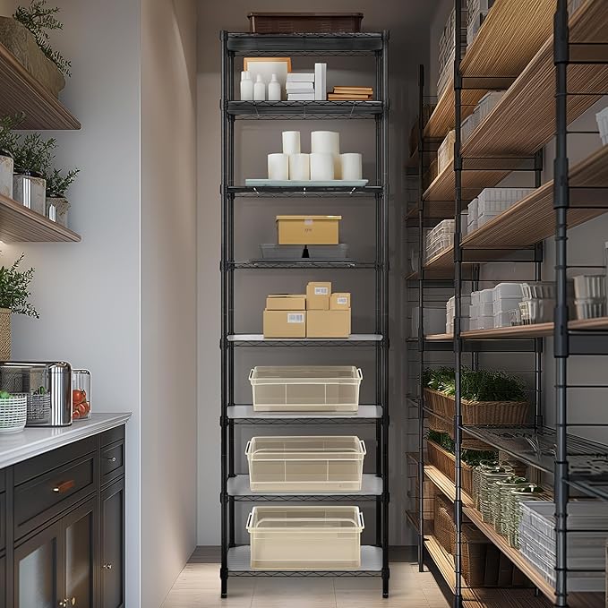 Finnhomy 8-Tier Wire Shelving Unit Adjustable Steel Wire Rack Shelving, 80.7 Inches Height 8 Shelves Metal Storage Rack, Pantry Shelves for Storage with PE mat, NSF Certified, Black