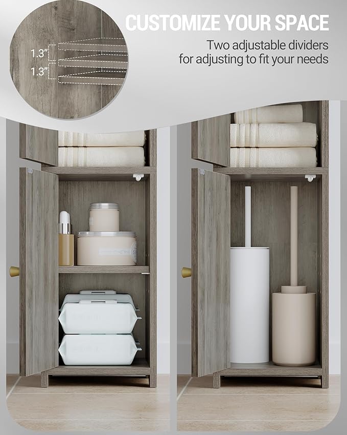 Bathroom Storage Cabinet, Corner Floor Cabinet with 2 Doors and Adjustable Shelf, Narrow Toilet Paper Cabinets, Bathroom Organizer for Small Spaces, 7.9" D x 7.9" W x 29.5" H Greige