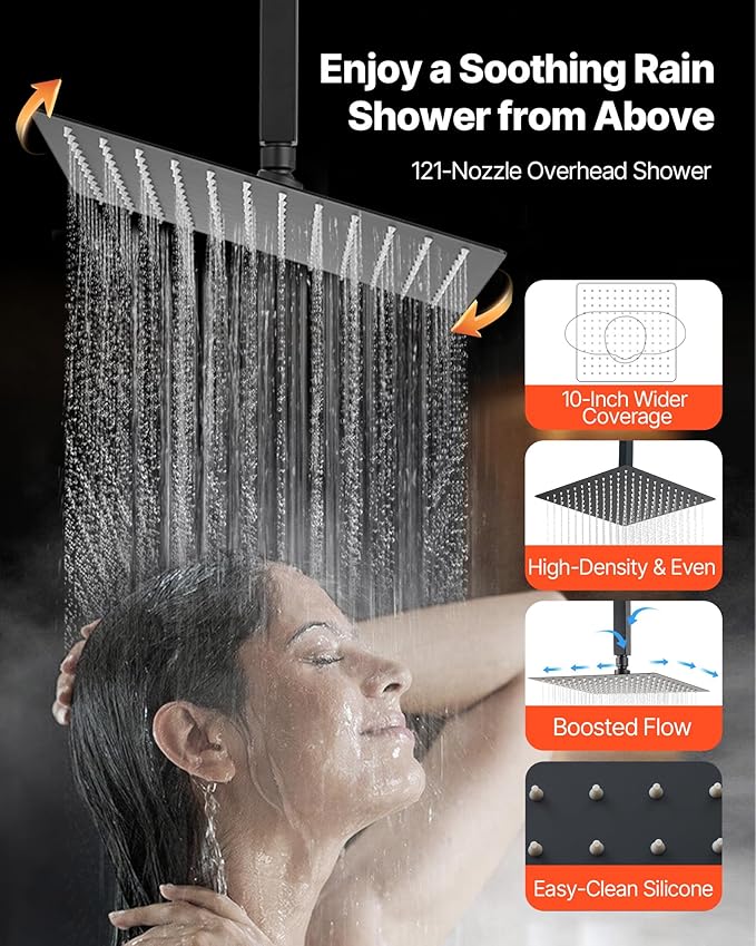VEVOR Shower Faucet Set, 10 Inch Ceiling Mount Rainfall Shower System with 6 Inch Wall Mount Head and 2 in 1 Handheld Spray, Rotatable 3-Function Dual Rain Head Brass Valve and Trim Kit, Matte Black