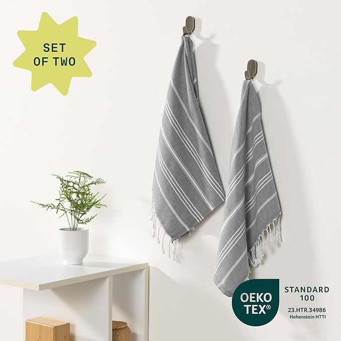 WETCAT Turkish Hand Towels with Hanging Loop, Set of 2 (20" x 30") 100% Turkish Cotton, Pre-Washed, Quick Drying, for Kitchen or Bathroom - Dark Gray