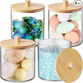 SheeChung 4 Pack 50 Oz Large Apothecary Jar with Bamboo Lid, Laundry Pods Container, Storage Jars for Bathroom Organization, Plastic Canisters with Cute Stickers Spoons(Natural)