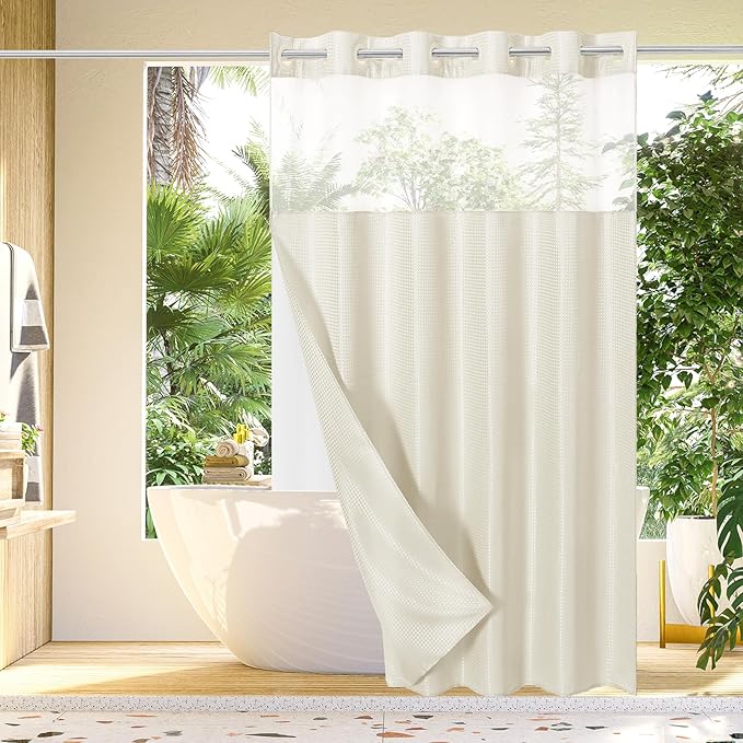 Gibelle No Hook Waffle Weave Shower Curtain with Snap-in Fabric Liner Set for Bathroom, Hotel Style with Mesh Top Window, Waterproof & Washable, Ivory, 72x74