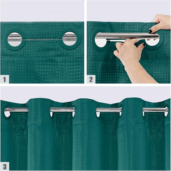 MitoVilla No Hooks Needed Dark Green Waffle Shower Curtain Liner Set, Modern Waffle Weave Fabric Cloth Shower Curtain with Snap-in Liner for Luxury Neutral Hotel Spa Bathroom Decor, 72 x 74