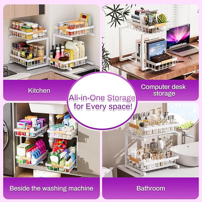 ADBIU Under Sink Organizer, 2 Pack 2 Tier Expandable Height (White, XL) Under-Sink Bathroom Kitchen Organizers And Storage