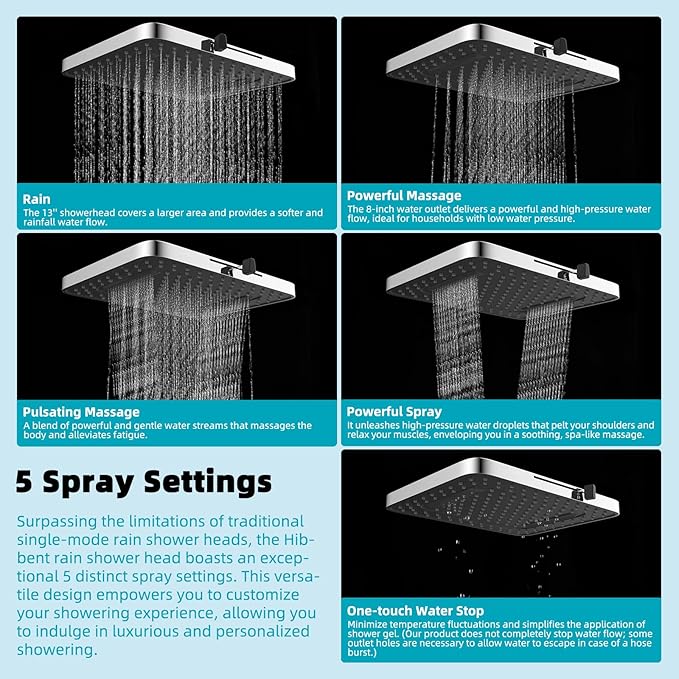 Hibbent 5 Spray Modes Shower Head, 13'' High Pressure Rain Shower Head, Large Rainfall Showerhead for Bathroom, High Flow Waterfall Fixed Showerheads with Adjustable Swivel Ball Joint, Chrome