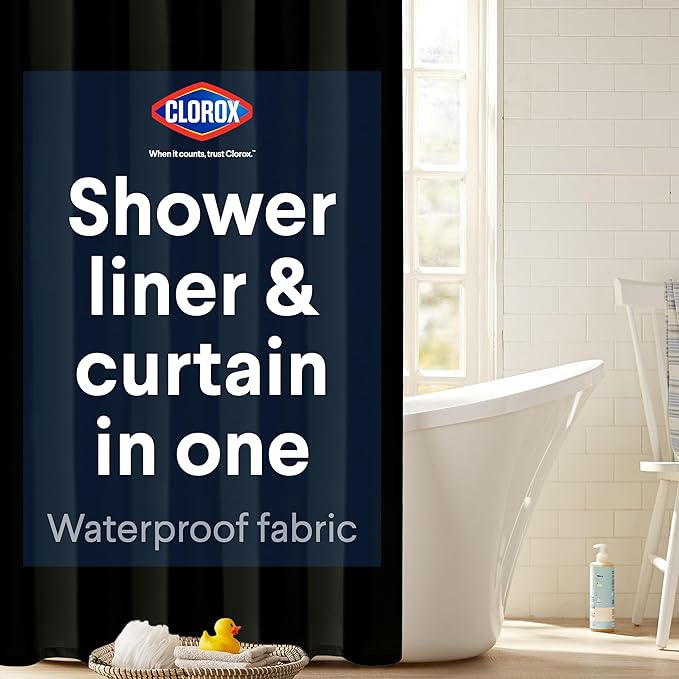 CLOROX 2-in-1 Bathroom Shower Curtain Liner, Durable Fabric, Weighted Magnets for Bath Water Control, Washable Premium Quality, Modern - 72" x 72" Black
