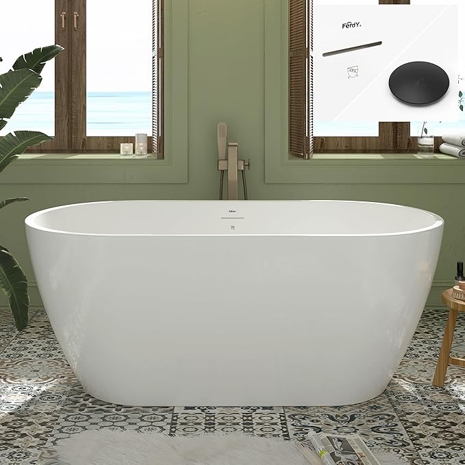FerdY 59" Bali Elite Acrylic Freestanding Bathtub, Gracefully Shaped Freestanding Soaking Bathtub, cUPC Certified, Toe-Tap Black Drain and Minimalist Linear Design Overflow Included