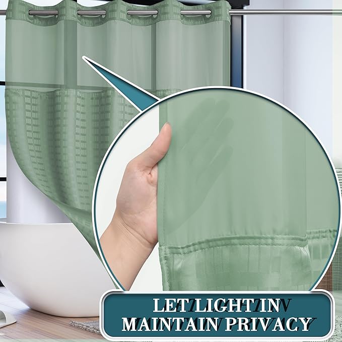 Conbo Mio Extra Long No Hook Sage Green Shower Curtain with Snap in Liner Set, Hotel Luxury Shower Curtains for Bathroom with See Through Top Window, Waterproof, Washable 71W x 84H