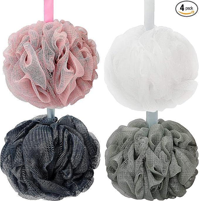 Bath Shower Loofah Sponge 60g Bath Mesh Pouf Shower Ball Body Scrubber Exfoliating Bath Sponge for Women and Men, Set of 4, Drak Grey-Pink-Grey-White