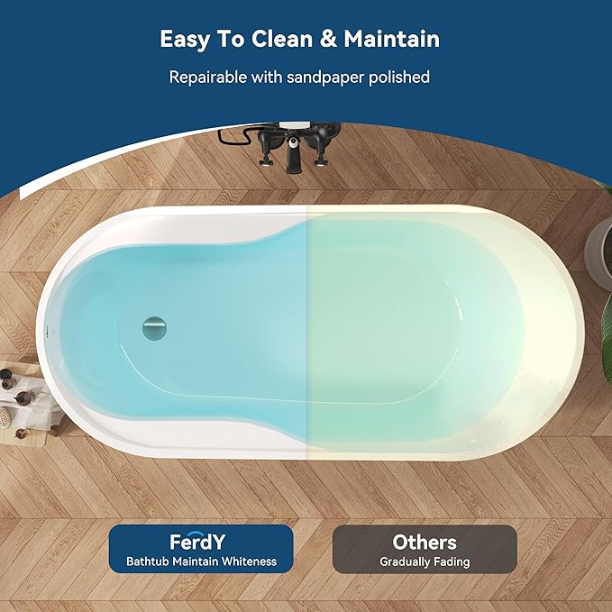 FerdY Lana'i 67" Freestanding Bathtub, Gracefully Shaped Freestanding Soaking tub, Glossy White, cUPC Certified, Brushed Nickel Drain Assembly Included