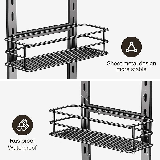 Orimade Adjustable Anti-slip Shower Caddy over Shower Head, Rustproof Bathroom Hanging Shower Organizer with 2 Hooks for Razor, No Drilling Shelves Storage Rack 2 Tier, Grey