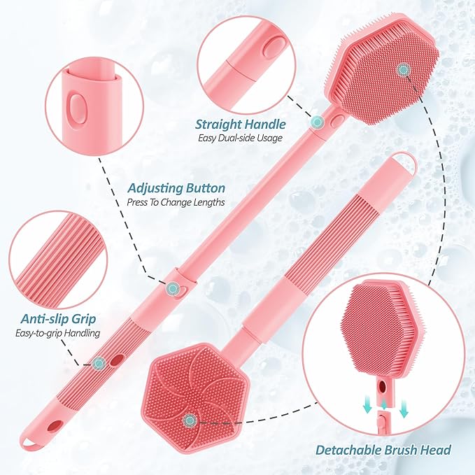 Silicone Back Scrubber & Soft Bath Glove 2PCS, 16''- 21''Extendable Back Scrubber with Dual-Side Large Head, 360° Anti-Slip Hand-fit Silicone Body Scrubber for Rich Foaming Deep Cleaning(Pink)