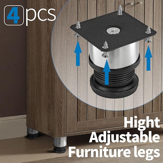 2 Inch Metal Furniture Legs Stainless Steel Adjustable Legs Silver Table Legs Round Cabinet Legs for Coffee Table Cabinet Desk Sofa Shelves, Pack of 4