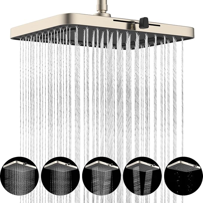 Hibbent 5 Spray Modes Shower Head, 13'' High Pressure Rain Shower Head, Large Rainfall Showerhead, High Flow Waterfall Bathroom Fixed Showerheads, Adjustable Swivel Ball Joint, Brushed Nickel