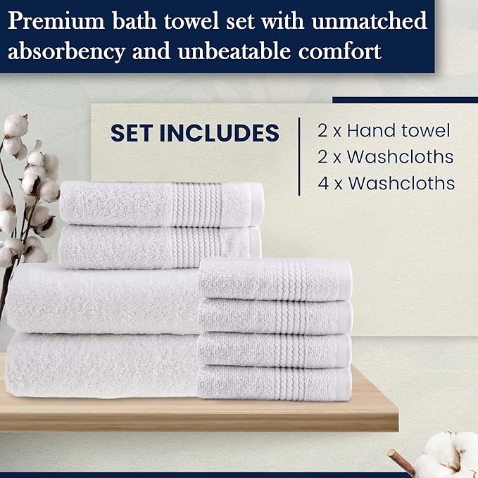 HALLEY Turkish Cotton Towels (Set of 8) 2 Bath Towels 2 Hand Towels 4 Washcloths, Super Soft Highly Absorbent 100% Cotton Towels for Bathroom and Kitchen for Mother’s Day (White)