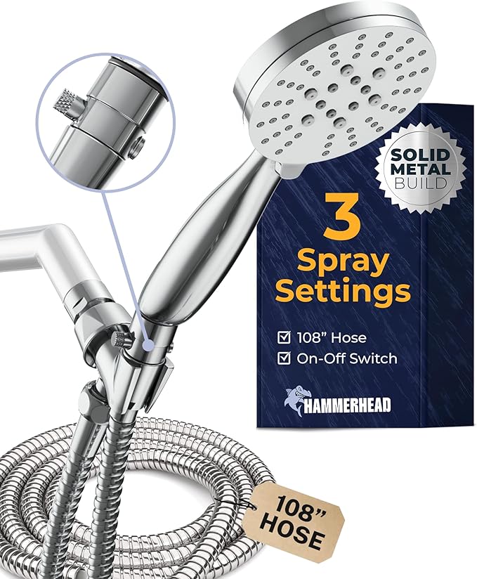 HammerHead Showers® Solid Metal 3-Spray Handheld Shower Head with Extra Long Hose and Shutoff Valve – Chrome - Perfect Dog Shower Head Attachment with 3 High Pressure Sprays - 2.5 GPM
