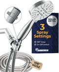 HammerHead Showers® Solid Metal 3-Spray Handheld Shower Head with Extra Long Hose and Shutoff Valve – Chrome - Perfect Dog Shower Head Attachment with 3 High Pressure Sprays - 2.5 GPM