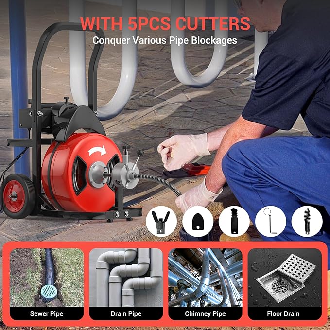 Electric Drain Cleaning Machine 100Ft 3/4 Inch, 750W Auto Feed Portable Sewer Snake, Drain Auger with 6 Cutter and Air-Activated Foot Switch for 4"–8" Pipes