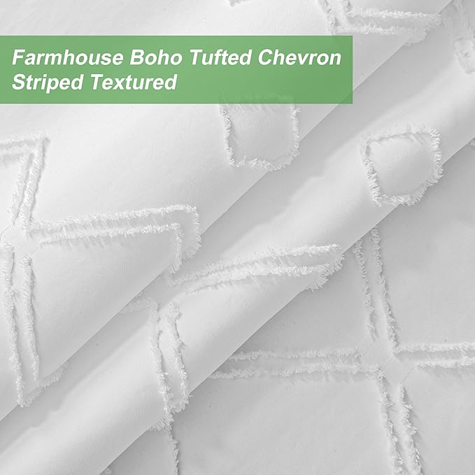 No Hooks Shower Curtain with Snap-in Liner, White Boho Fabric Tufted Chevron Striped Textured Shower Curtains for Bathroom, Water Repellent Hotel Quality Luxury Shower Curtain, 72Wx74H