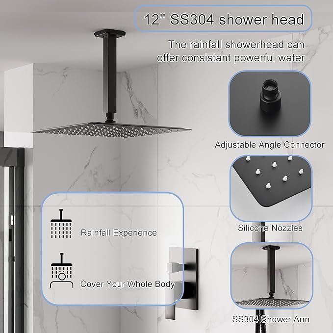 WELLFOR 12-In Ceiling Mount Shower System with Single Handle, Pressure-balanced Valve Included, Waterfall Dual Head Shower Head System, Rain Shower System, Shower Faucet Trim Kits, Matte Black