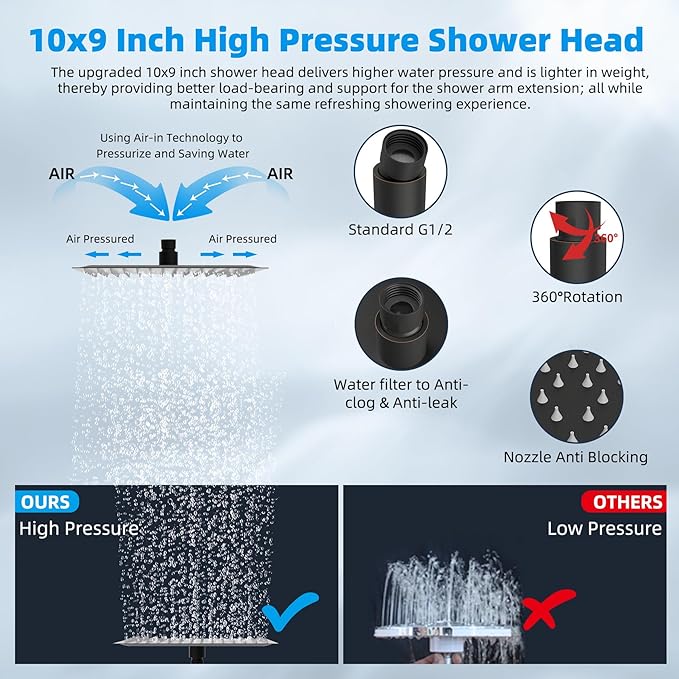 Hibbent All Metal cUPC Certified Rain Shower Head, 10'' High Pressure Rainfall Showerhead with 16" Shower Head Extension Arm, Brass Adjustable Shower Arm Extender, fixed Showerheads, Oil Rubbed Bronze