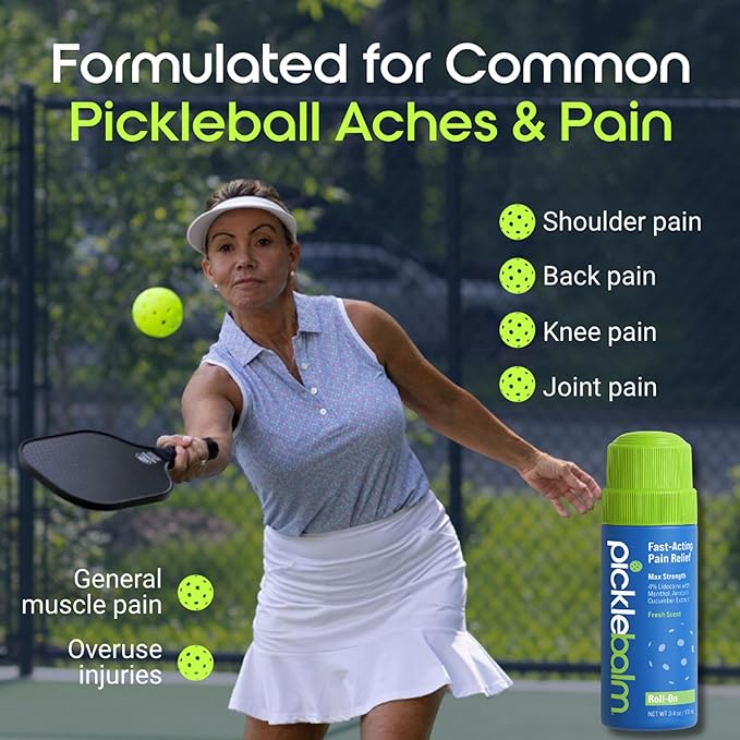 PickleBalm Pickleball In-Game Muscle Pain Relief Roll-On with 4% Lidocaine, Arnica, Menthol, Cucumber Seed Extract for Shoulders, Knees, Wrists, and More, 3.4oz Roll-On Applicator