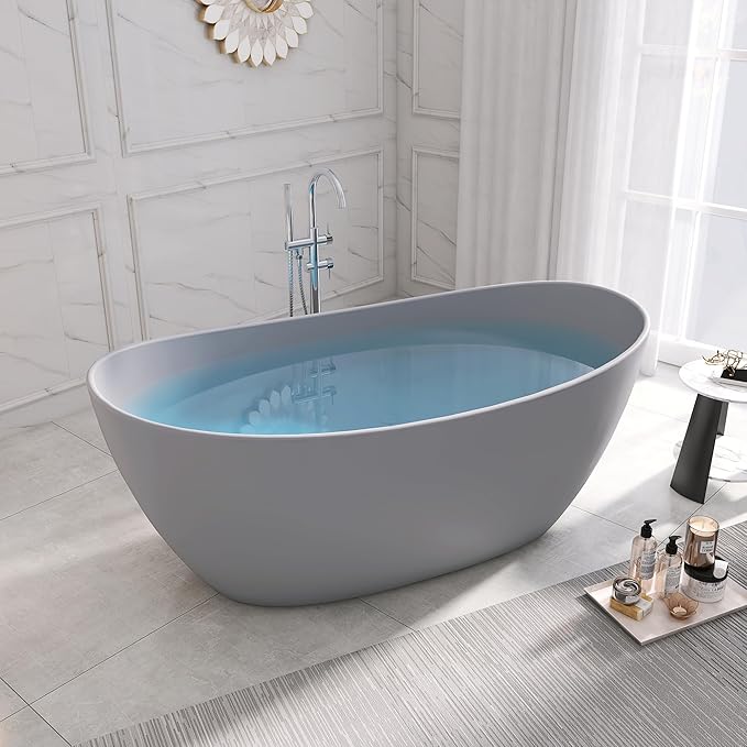 SJ STAR&JANE 65" Solid Surface Freestanding Bathtub Stone Resin Soaking Tub Light Gray Double Slippers Stand Alone Oval Tub with Pop-up Drain and Overflow for Bathroom