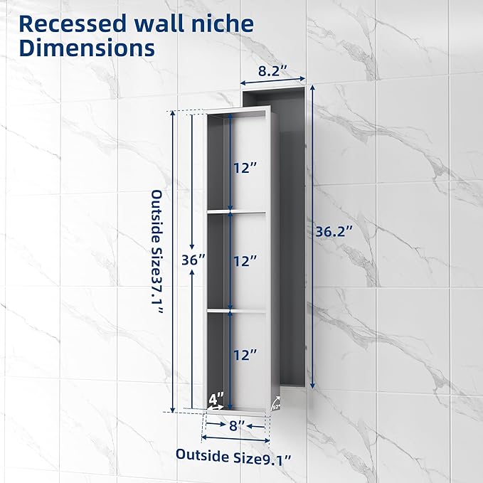 Neodrain 8X36 Inch Brushed Three Layers Stainless Steel Shower Niche, NO Tile Needed Recessed Wall Niche Shelf for Bathroom Storage, 3-Tier Built-in Cabinet niches in Wall