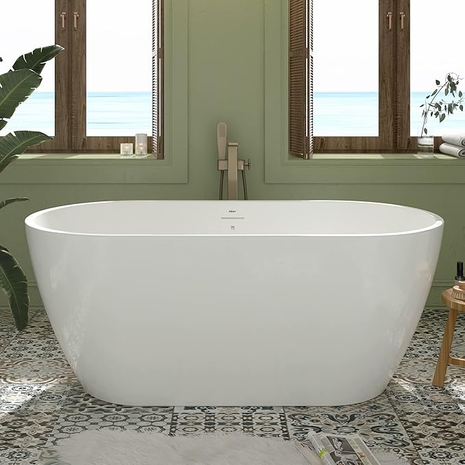 FerdY 59" Bali Elite Acrylic Freestanding Bathtub, Gracefully Shaped Freestanding Soaking Bathtub, cUPC Certified, Toe-Tap Brushed Nickel Drain and Minimalist Linear Design Overflow Included