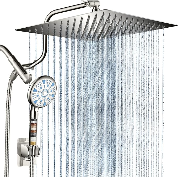Cobbe 12 Inch All Metal 3-Way Rain Shower Head, High Pressure Shower Head, Dual Shower Heads with Handheld Spray Combo - 9 Spray Filtered Shower Head, Brushed Nickel