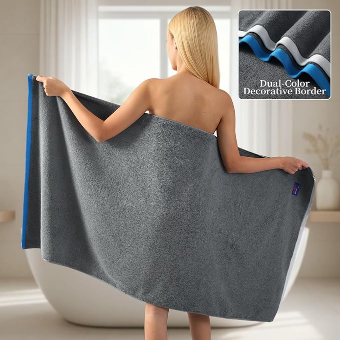 REDKISS 2 Pack 100% Cotton Bath Towels with Luxury Embellished Border Design, Oversized 27 x 54 Inches & 600 GSM Ultra Soft Bath Towel Set, Quicker to Dry Towels for Bathroom, Gym, Spa, Hotel, Gray