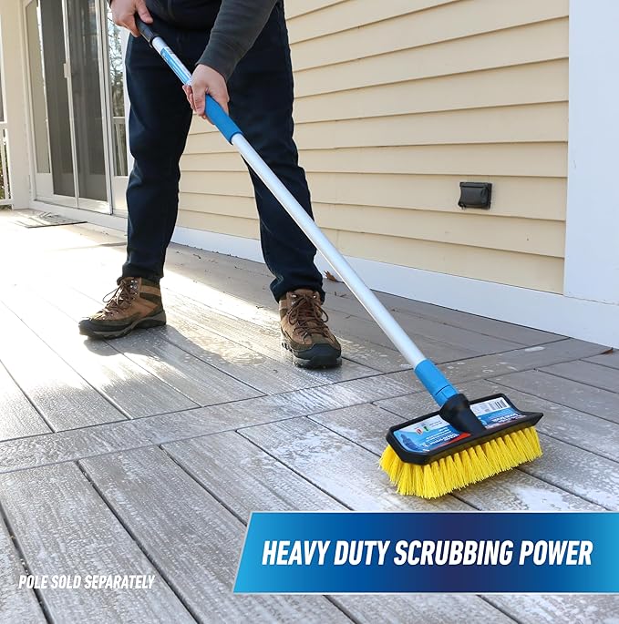 Unger Professional HydroPower Lock-On 10” Bi-Level Scrub Brush, Cleaning Supplies, Scrubber Tool, Compatible with Waterflow Poles, Use in Garage, Driveway, Deck, Concrete, Cement, and Brick
