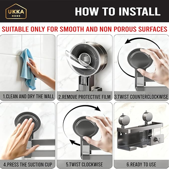 Suction Cup ALUMINUM Hair Dryer Storage Organizer with Shelf & Hooks for Bathroom. Reusable, Rustproof, No Drill, No Tools. Multifunctional, Hang Towel, Loofah, Sponge (2 Cups, Gray)