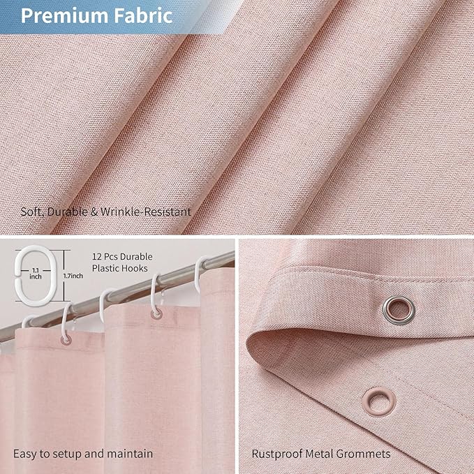 2-in-1 Waterproof Long Fabric Shower Curtain or Liner,Linen Textured,78 Inch Breathable TPU & Washable Bathroom Shower Curtain Set with 12 Plastic Hooks,Modern,72"x78" Blush