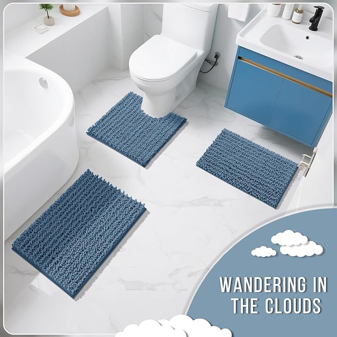 Yimobra Bathroom Rugs Sets 2 Piece - Quick Dry Extra Thick Luxury Chenille Bath Mat, Non Slip Super Absorbent for Tub Shower Sink, Machine Washable Shaggy Floor Mat, 24"x17+24"x20" Inch, Denim Blue
