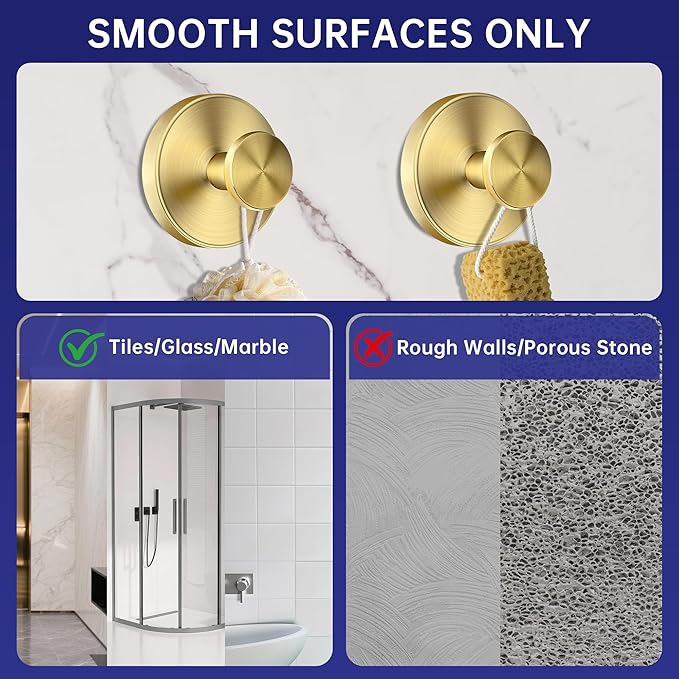luckin smile Suction Cup Hooks for Shower, No-Drill Removable Towel Hook for Bathrooms, Shower Hooks, Suitable for Bathrooms, Kitchens, Windows, Glass, Powerful Suction Cup Hook (2, Gold)