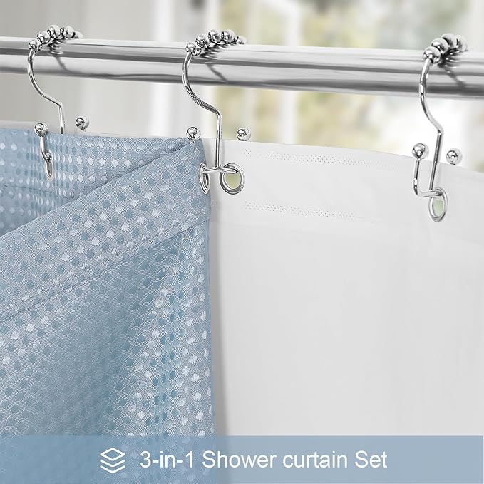 3 in 1 Extra Long Blue Shower Curtain Set-72 W x 84 H, Fog Blue Waffle and PEVA Liner Set with 12 Stainless Steel Hooks, Waterproof Fabric for Bathroom